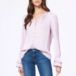 PAIGE Vienne Blouse Top Fragrant Rose Pink Matte Satin Ruffle Blouse Size Medium
